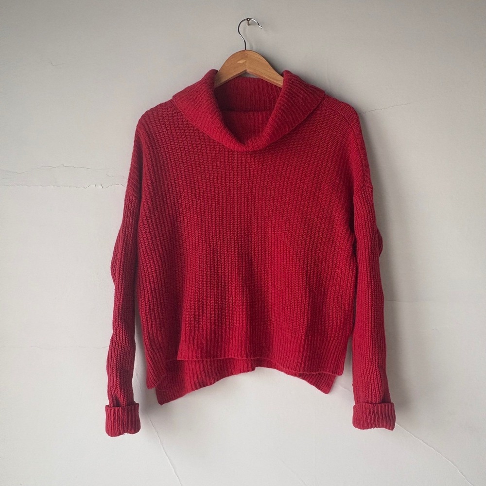 Eileen Fisher Red Yak Merino Wool Cowl Neck Ribbed Knit Sweater Small - Picture 3 of 6